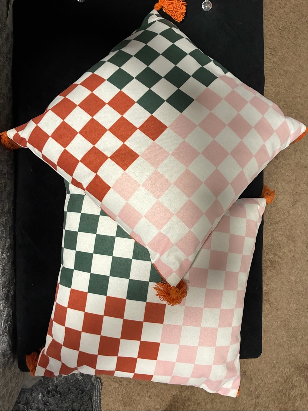 Checkerboard Tassel Throw Pillow Set - Pink, Green & Rust